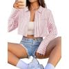 imageAvanova Women Striped Button Down Crop Top Collared Neck Long Sleeve Blouses ShirtDark Pink