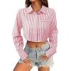 imageAvanova Women Striped Button Down Crop Top Collared Neck Long Sleeve Blouses ShirtDark Pink