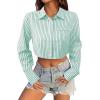 imageAvanova Women Striped Button Down Crop Top Collared Neck Long Sleeve Blouses ShirtGreen