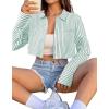 imageAvanova Women Striped Button Down Crop Top Collared Neck Long Sleeve Blouses ShirtGreen
