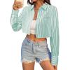 imageAvanova Women Striped Button Down Crop Top Collared Neck Long Sleeve Blouses ShirtGreen