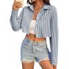 imageAvanova Women Striped Button Down Crop Top Collared Neck Long Sleeve Blouses ShirtGrey