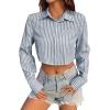 imageAvanova Women Striped Button Down Crop Top Collared Neck Long Sleeve Blouses ShirtGrey