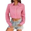 imageAvanova Women Striped Button Down Crop Top Collared Neck Long Sleeve Blouses ShirtPlaid Red
