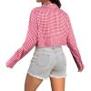 imageAvanova Women Striped Button Down Crop Top Collared Neck Long Sleeve Blouses ShirtPlaid Red