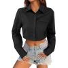 imageAvanova Women Striped Button Down Crop Top Collared Neck Long Sleeve Blouses ShirtSolid Black