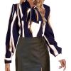 imageAvanova Women Tie Neck Bishop Long Sleeve Shirts Casual Work Blouses TopsStriped Navy