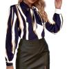 imageAvanova Women Tie Neck Bishop Long Sleeve Shirts Casual Work Blouses TopsStriped Navy