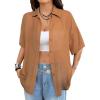 imageAvanova Women See Through Mesh Button Down Top Half Short Sleeve Collared Shirt Blouse Brown Large