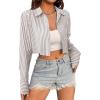 imageAvanova Women Striped Button Down Crop Top Collared Neck Long Sleeve Blouses ShirtBrown
