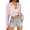 imageAvanova Women Striped Button Down Crop Top Collared Neck Long Sleeve Blouses ShirtDark Pink