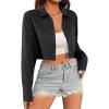 imageAvanova Women Striped Button Down Crop Top Collared Neck Long Sleeve Blouses ShirtSolid Black