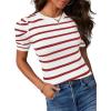 imageAvanova Women Striped Puff Sleeve Short Sleeve Tops Ribbed Knit Summer Casual Shirts Blouse White Red Large