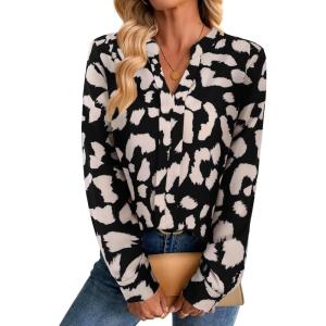 imageAvanova Women Boho Printed V Neck Tops Long Sleeve Shirts Work BlousesBlack Beige