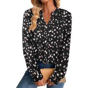 imageAvanova Women Boho Printed V Neck Tops Long Sleeve Shirts Work BlousesBlack Dots