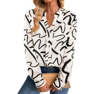 imageAvanova Women Boho Printed V Neck Tops Long Sleeve Shirts Work BlousesWhite Scribble