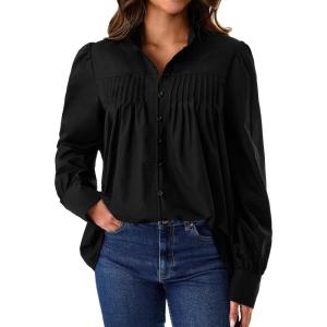 imageAvanova Women Button Down Up Shirts Long Sleeve Blouses Pleated Mock Neck Tops Black XLarge