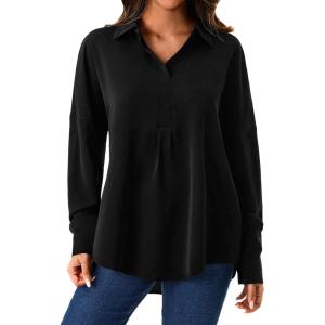 imageAvanova Women Collared Long Sleeve Shirts Blouses V Neck Tunic Tops Dressy Casual Black Medium