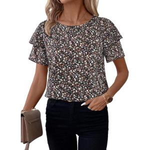 imageAvanova Women Floral Boho Print Ruffle Flutter Blouse Short Sleeve Work Business Summer Top Shirt Black Floral XLarge