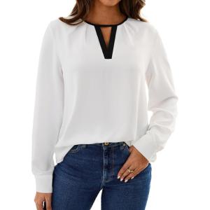 imageAvanova Women Keyhole V Neck Blouse Long Sleeve Tops Business Casual Shirt White Large