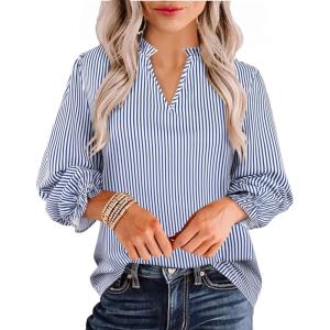 imageAvanova Women Leopard Print Ruffle V Neck Top 34 Long Sleeves Work Business Blouses ShirtBlue Striped