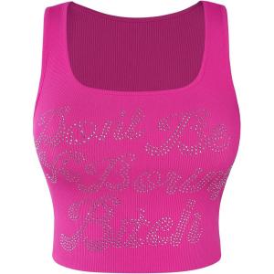 imageAvanova Women Letter Graphic Ribbed Knit Fitted Crop Tank Tops Scoop Neck Sleeveless Summer Shirts Hot Pink Letter XSmall