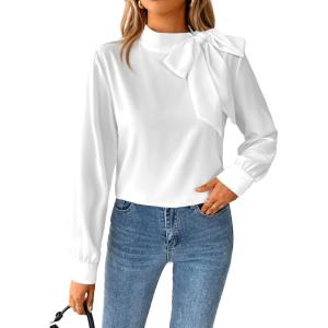 imageAvanova Women Long Sleeve Tie Neck Tops Shirts Balloon Lantern Sleeve Work Casaul Blouses White Small