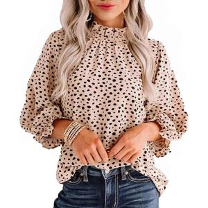 imageAvanova Women Polka Dot Long Sleeve Blouse Shirts Work Mock Neck Ruffle TopBeigeBlack
