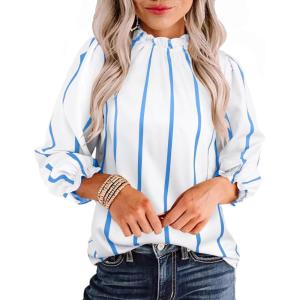 imageAvanova Women Polka Dot Long Sleeve Blouse Shirts Work Mock Neck Ruffle TopBlue White a