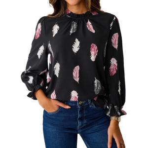 imageAvanova Women Polka Dot Long Sleeve Blouse Shirts Work Mock Neck Ruffle TopFeather Black