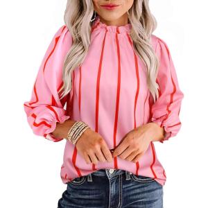 imageAvanova Women Polka Dot Long Sleeve Blouse Shirts Work Mock Neck Ruffle TopHot Pink Striped