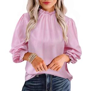 imageAvanova Women Polka Dot Long Sleeve Blouse Shirts Work Mock Neck Ruffle TopPink Stripe