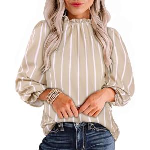 imageAvanova Women Polka Dot Long Sleeve Blouse Shirts Work Mock Neck Ruffle TopStriped Brown