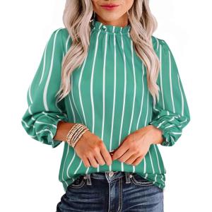 imageAvanova Women Polka Dot Long Sleeve Blouse Shirts Work Mock Neck Ruffle TopStriped Green