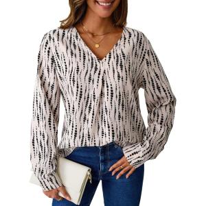 imageAvanova Women Print V Neck Long Sleeve Dressy Tops Blouses Work Business Casual Elegant Shirts Beige Medium