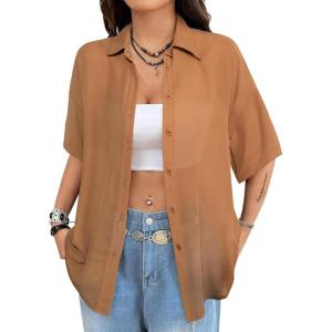 imageAvanova Women See Through Mesh Button Down Top Half Short Sleeve Collared Shirt Blouse Brown Large