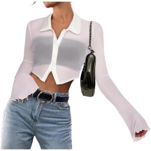 imageAvanova Women Sheer Mesh Button Down Crop Top Bell Sleeve Asymmetrical Hem Shirt White Small