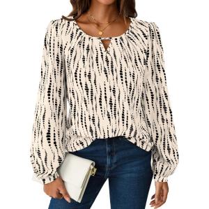 imageAvanova Women Striped Blouse Keyhole Tops Long Sleeves Work Business Casual ShirtBeige Dots