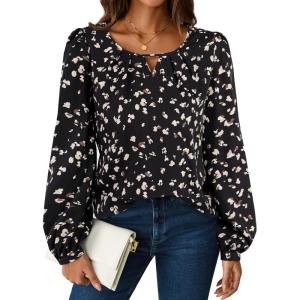 imageAvanova Women Striped Blouse Keyhole Tops Long Sleeves Work Business Casual ShirtBlack Floral