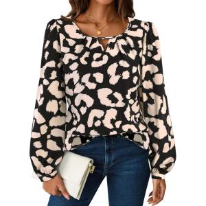 imageAvanova Women Striped Blouse Keyhole Tops Long Sleeves Work Business Casual ShirtBlack Leopard