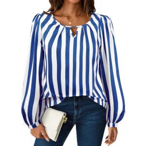 imageAvanova Women Striped Blouse Keyhole Tops Long Sleeves Work Business Casual ShirtBlue