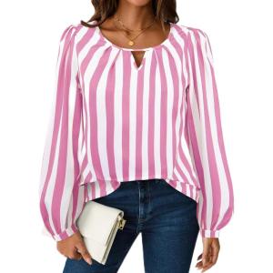 imageAvanova Women Striped Blouse Keyhole Tops Long Sleeves Work Business Casual ShirtPink