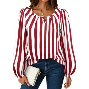 imageAvanova Women Striped Blouse Keyhole Tops Long Sleeves Work Business Casual ShirtRed
