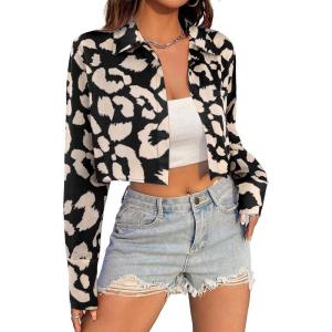 imageAvanova Women Striped Button Down Crop Top Collared Neck Long Sleeve Blouses ShirtBeige Black