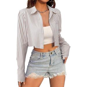 imageAvanova Women Striped Button Down Crop Top Collared Neck Long Sleeve Blouses ShirtBrown