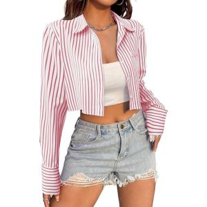 imageAvanova Women Striped Button Down Crop Top Collared Neck Long Sleeve Blouses ShirtDark Pink