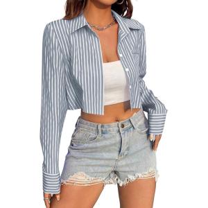 imageAvanova Women Striped Button Down Crop Top Collared Neck Long Sleeve Blouses ShirtGrey