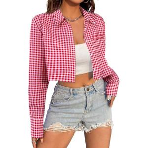 imageAvanova Women Striped Button Down Crop Top Collared Neck Long Sleeve Blouses ShirtPlaid Red
