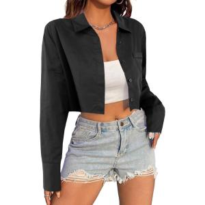 imageAvanova Women Striped Button Down Crop Top Collared Neck Long Sleeve Blouses ShirtSolid Black