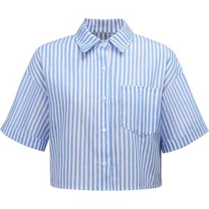 imageAvanova Women Striped Button Down Short Sleeve Shirts Cropped Blouse Loose Business Work Tops Blue Striped Large